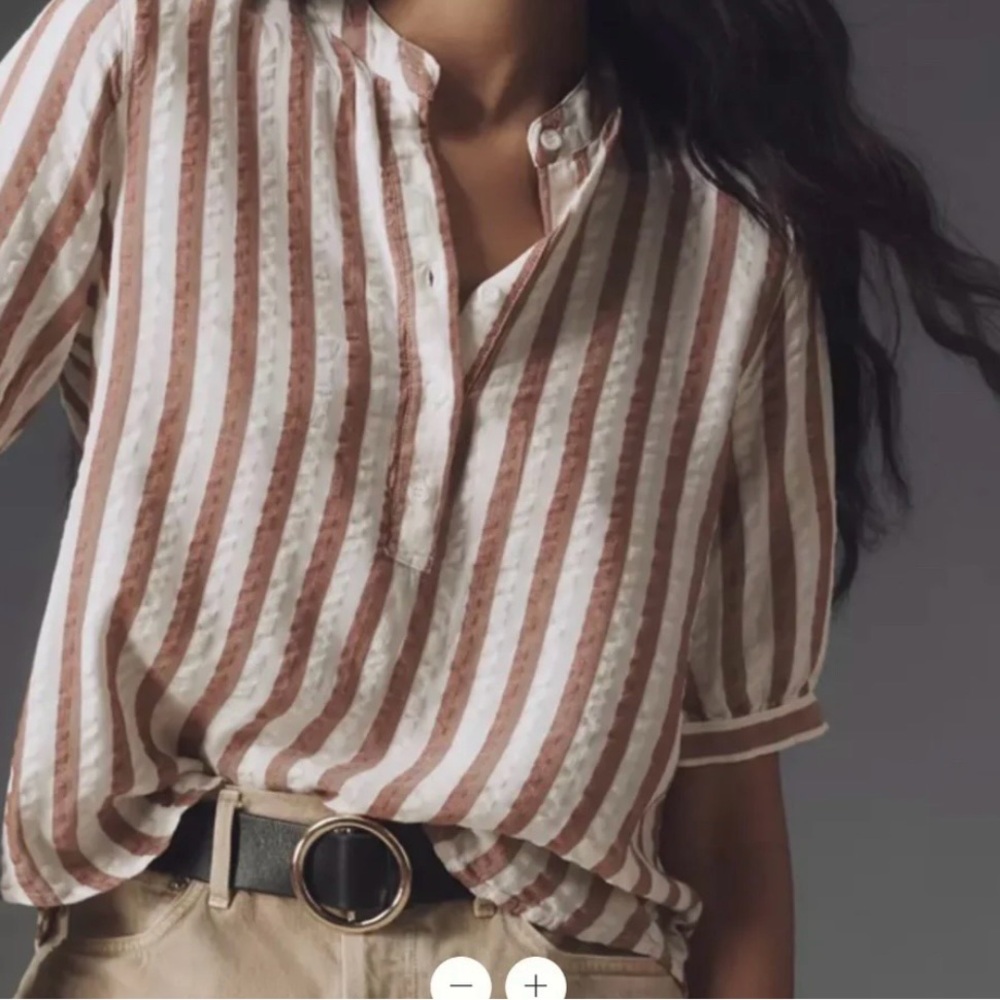 Cloth and Stone Striped Short Sleeve Top in White and Brown - size small - Picture 2 of 7